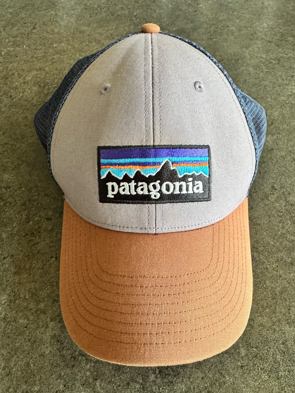Patagonia Gray Front Navy Mesh Trucker Hat with Rust Brim